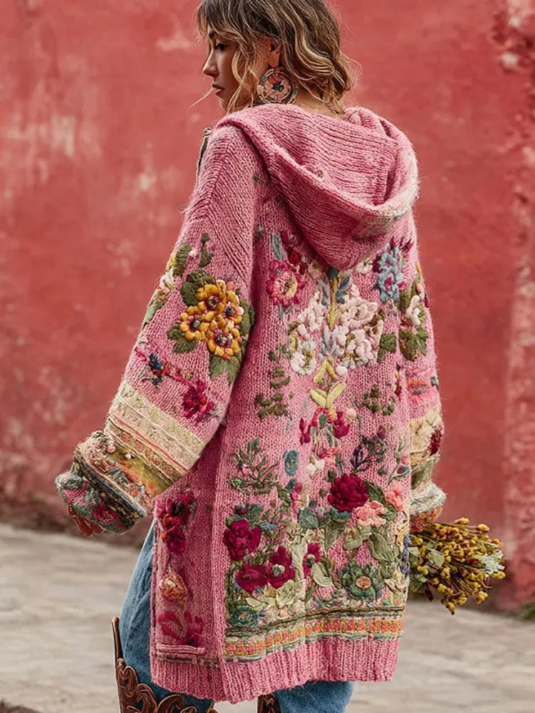 Women's Vintage Bohemian Floral Embroidery Art Cozy Knit Hooded Sweater Cardigan