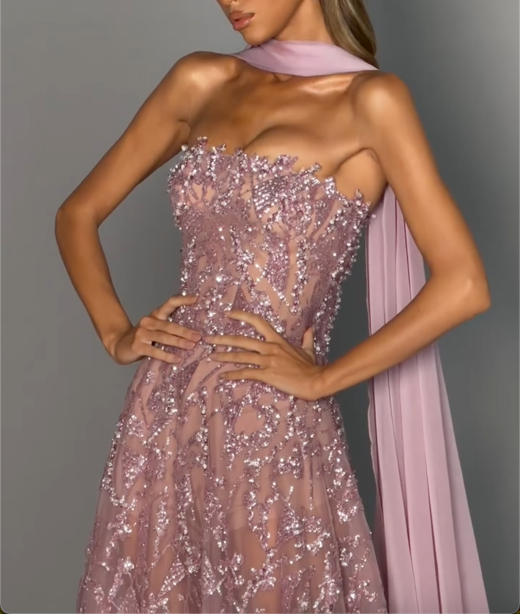 Blush Pink Strapless Sequin Lace Maxi Evening Dress with Chiffon Scarf Detail, A-Line Formal Prom Gown