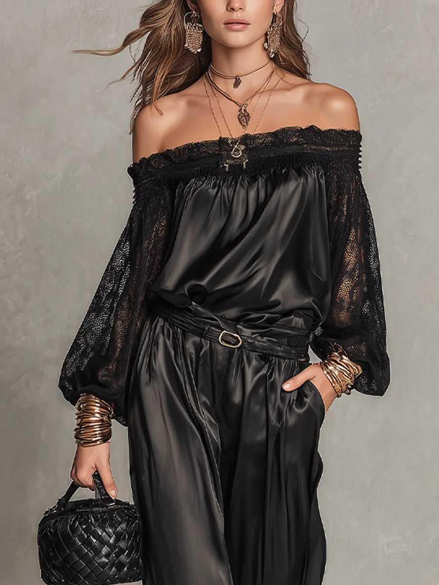 Bohemian Black Lace Off-Shoulder Suit