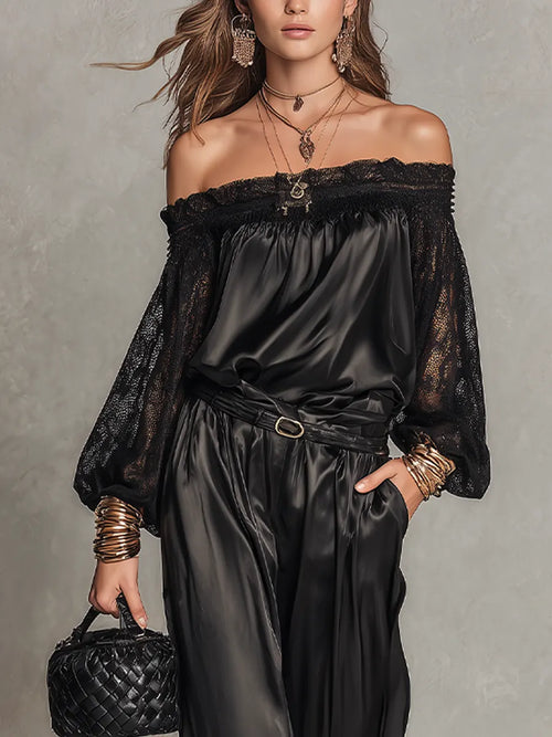 Bohemian Black Lace Off-Shoulder Suit