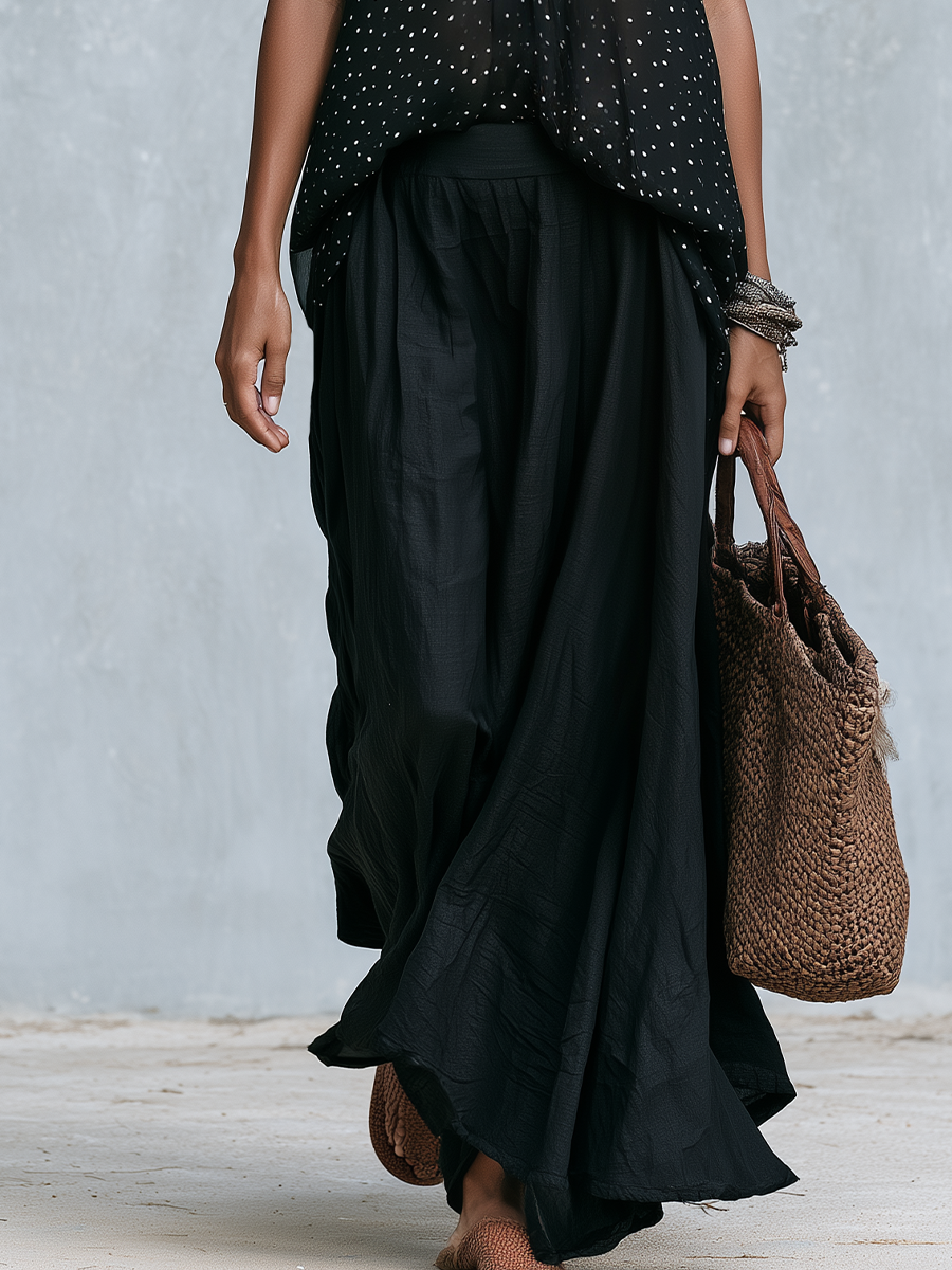 Effortless Black Polka Dot Maxi Skirt Set