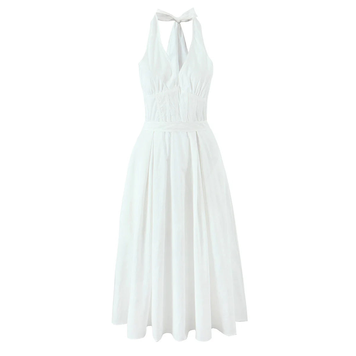 Evelisse Halterneck Corset Midi Dress – Summer Wedding Guest and Holiday Midi Dress in White or Yellow Floral Print
