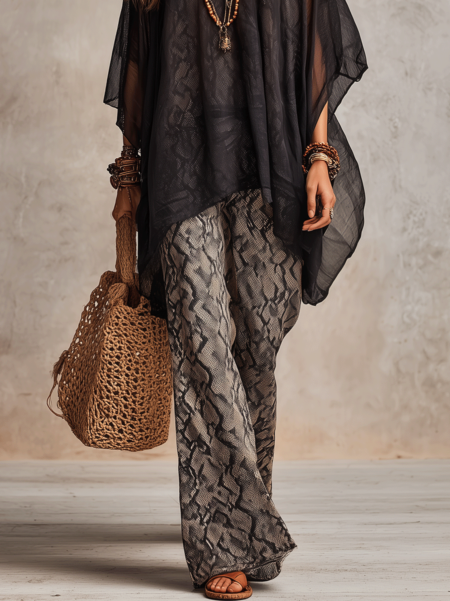 Chic Relaxed Sheer Oversized Top With Wide Pants Set