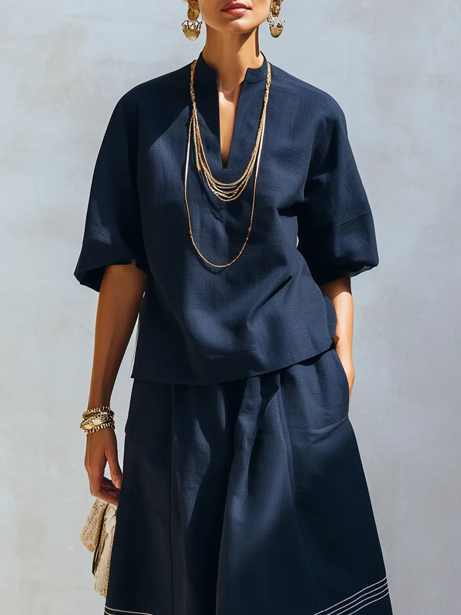 Bohemian Blue Short Sleeve Color Blocked Striped Skirt Set