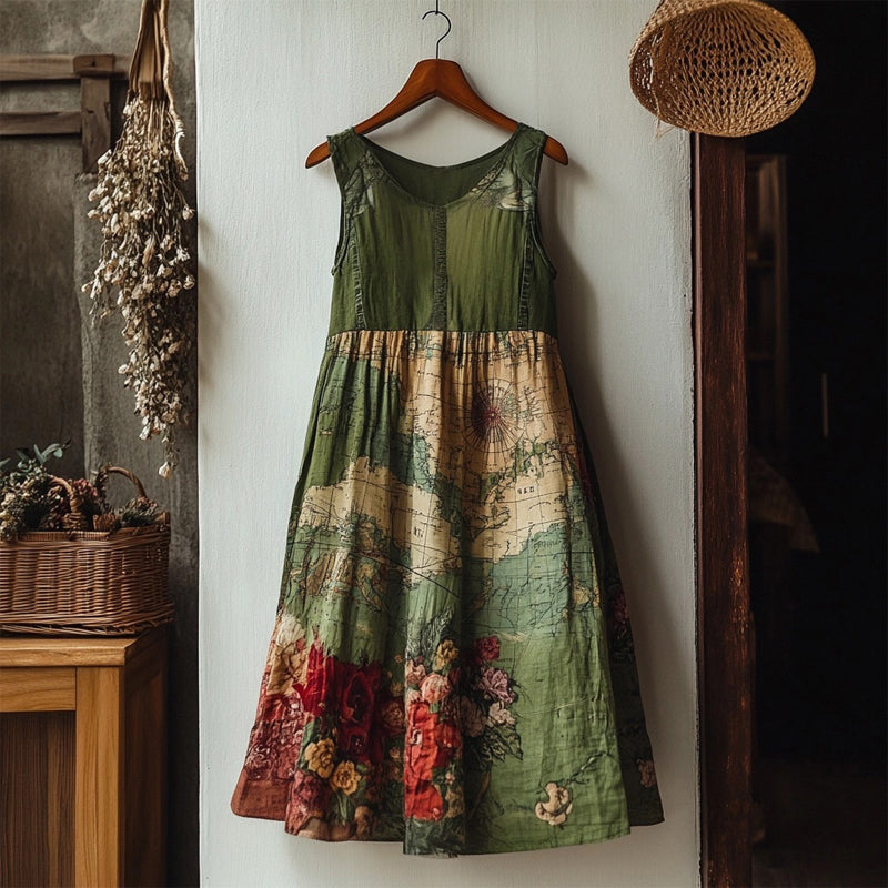 Vintage Floral Old Map Graphic Linen Tank Dress