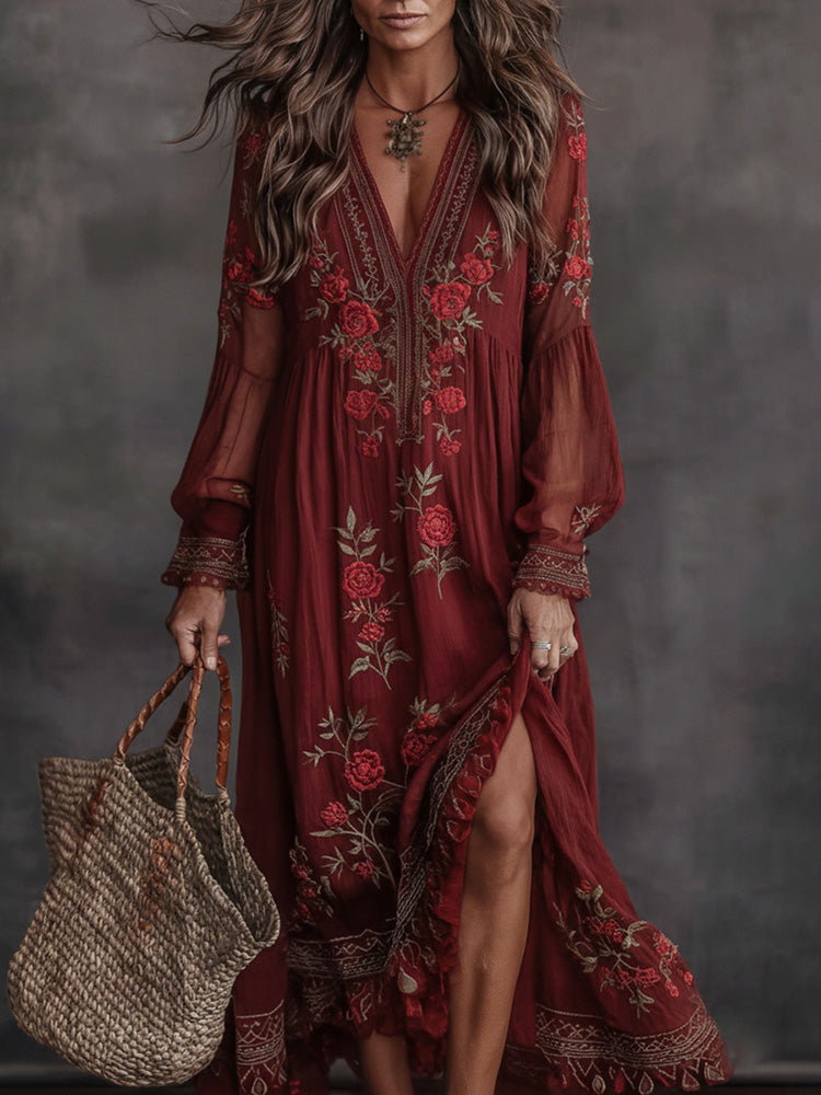 Women's Retro Floral Art Print Flowy Linen Blend Casual Long Sleeve Maxi Dress