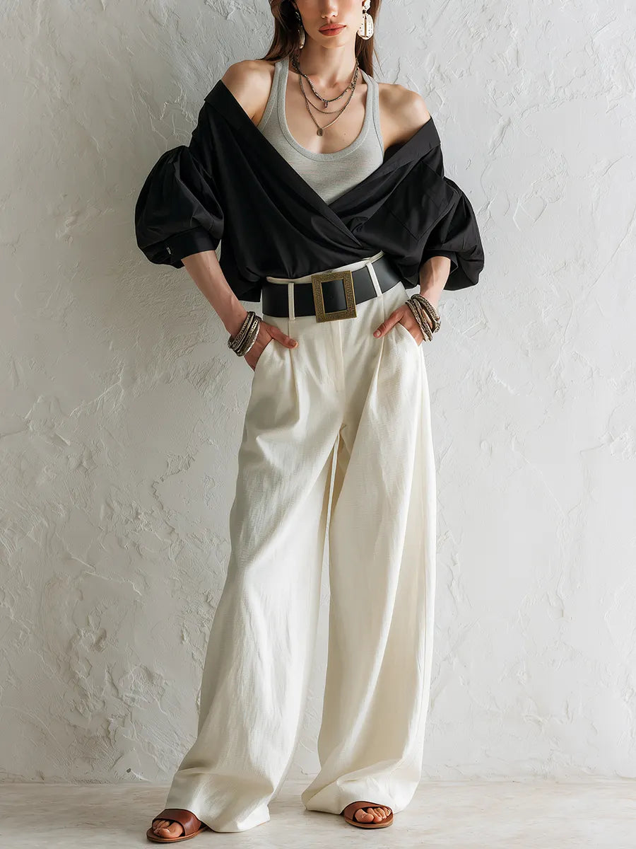 Modern Black Off Shoulder Draped Blouse With Wide Leg Pants