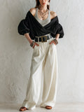 Modern Black Off Shoulder Draped Blouse With Wide Leg Pants