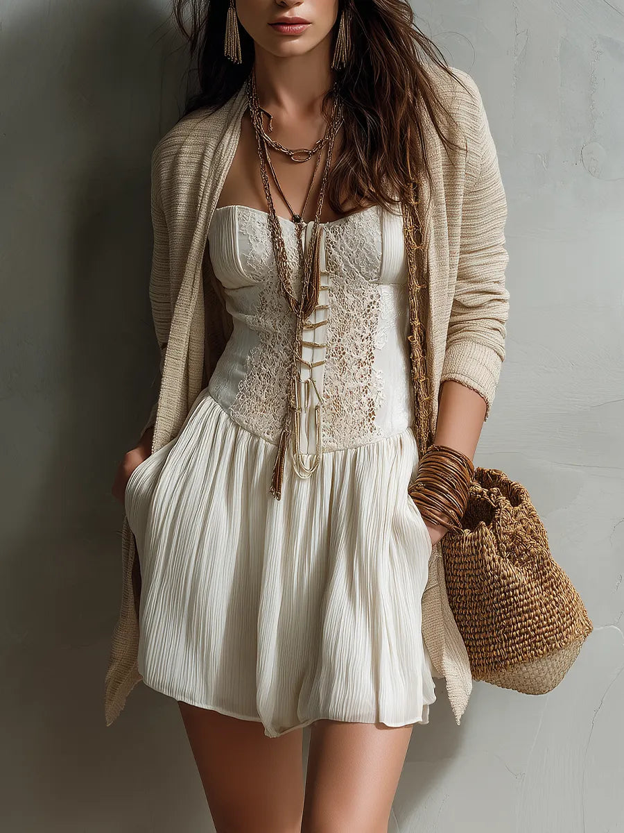 Boho Ivory Lace Corset Bustier Flowy A-Line Mini Dress