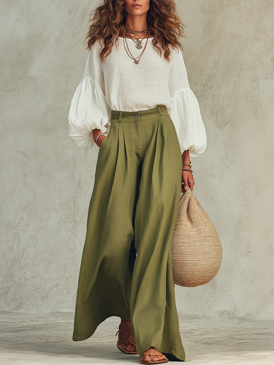 Airy Puff Sleeve Wide-Leg Set