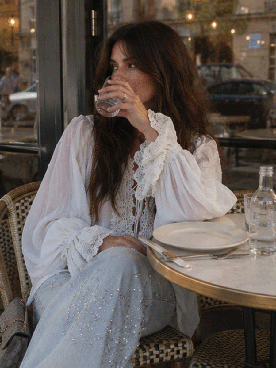 Romantic Boho Cotton-Gauze Crochet-Lace Tie-Front White Peasant Blouse