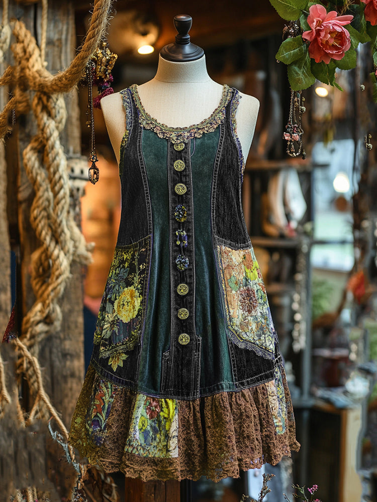Vintage Denim Patchwork Lace Art Sleeveless Dress