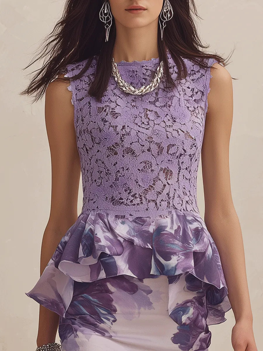 Romantic Elegant Lace-Bodice Floral Ruffle Mermaid Lavender Top And Skirt Set