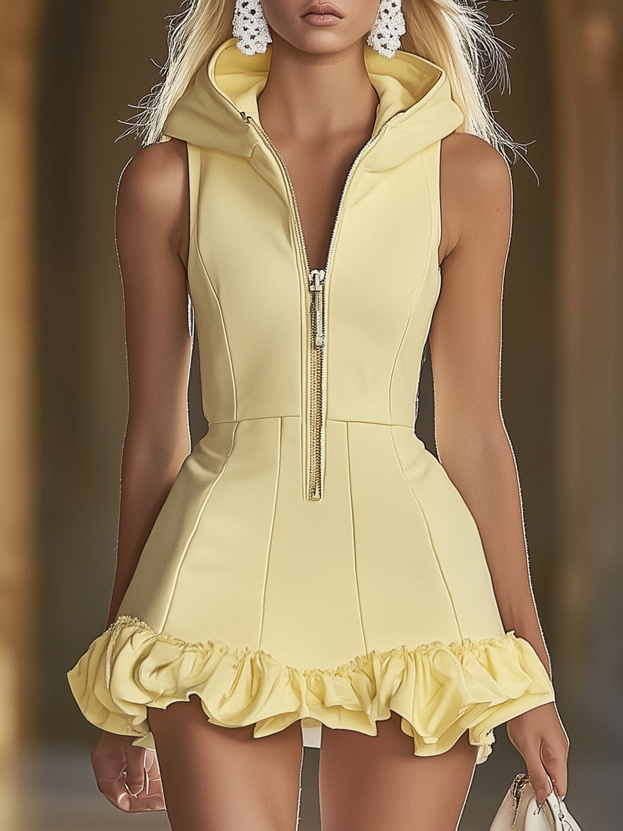 [24-hour shipping out]Fashion Slim Fit Goose Yellow Front Zip Hooded Ruffle Sleeveless Mini Dress
