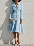 Light Blue Lapel Collar Pocket A-Line Midi Tweed Blazer Dress
