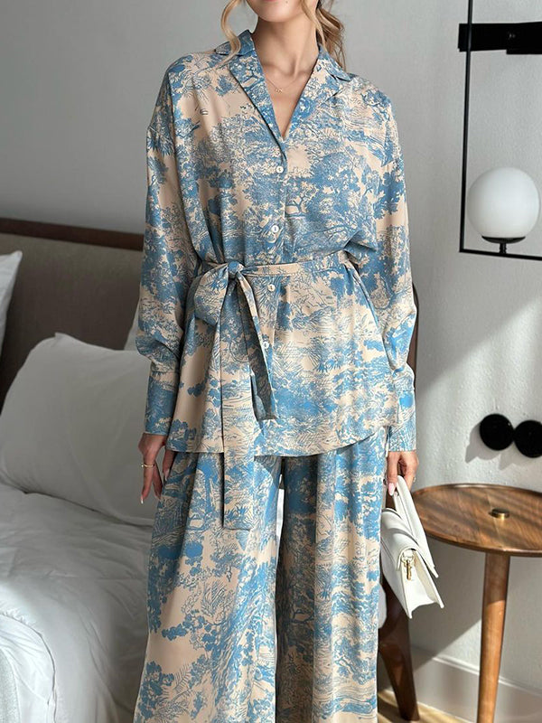 Buttoned Printed Tied Waist High Waisted Long Sleeves Notched Collar Two Pieces Set Pants Set