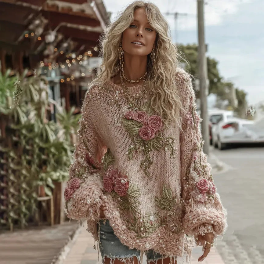 Women's Vintage Floral Chunky Knit Warm Crew Neck Sweater