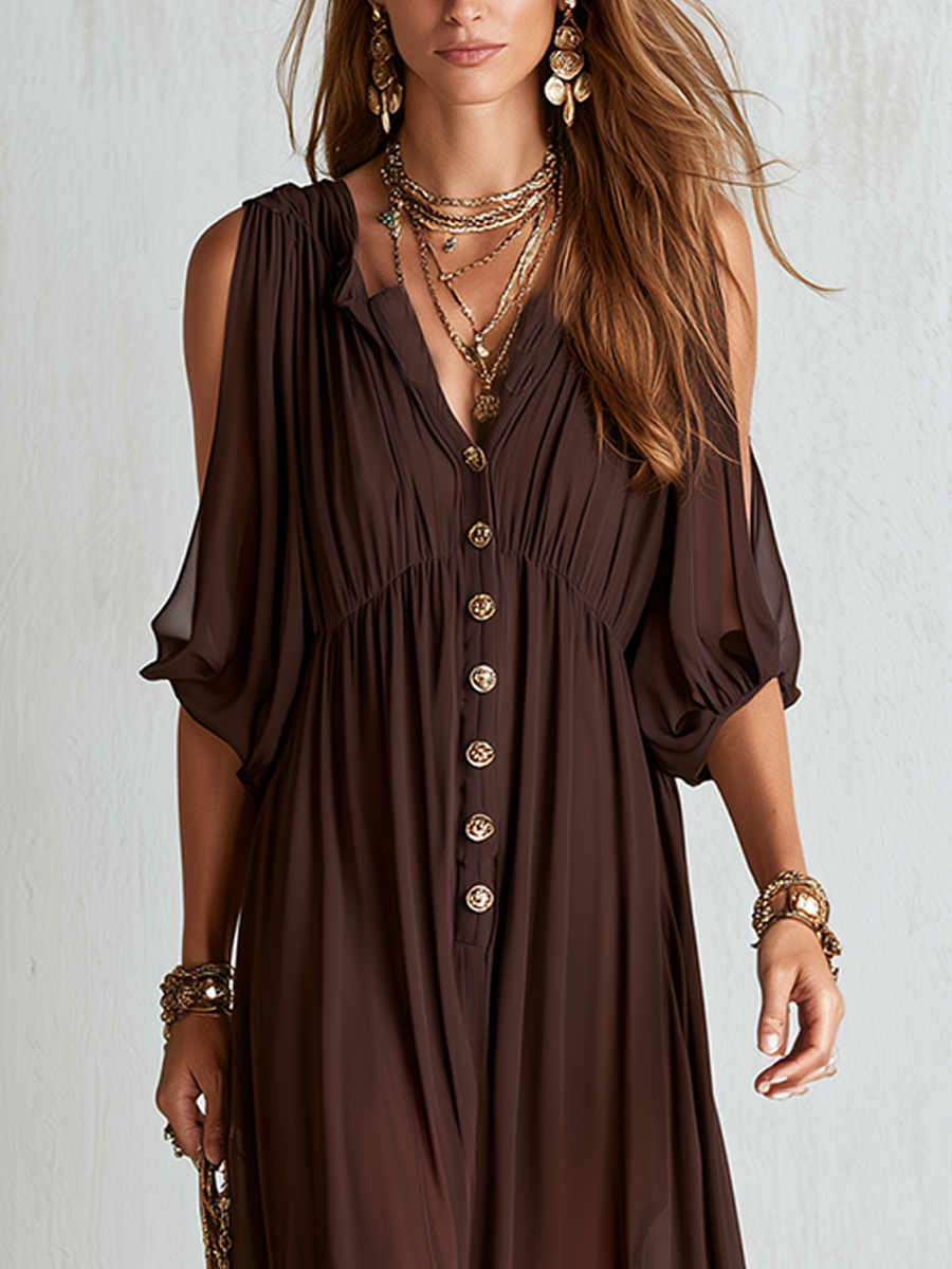 Bohemian Brown Off Shoulder Chiffon Maxi Dress