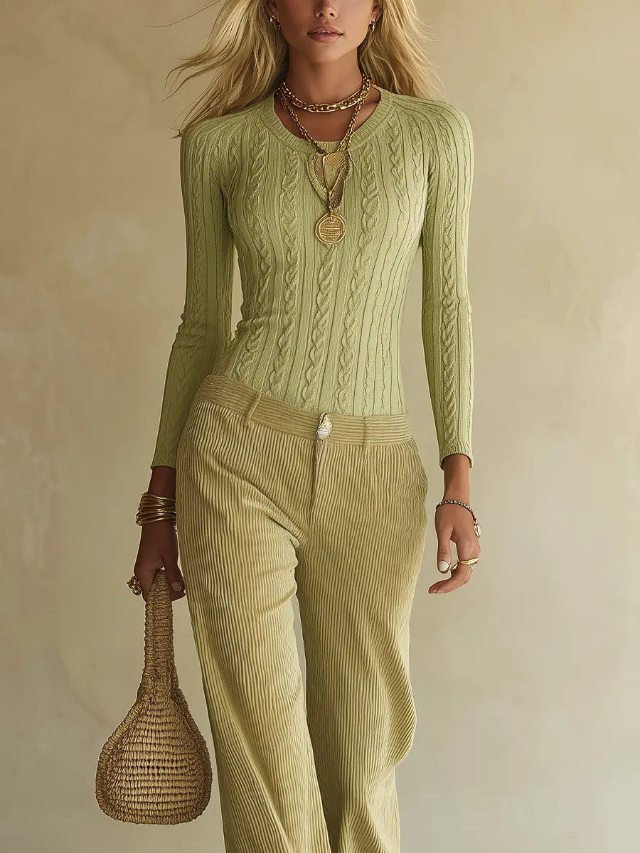 Retro Boho Cable Knit Top & Corduroy Wide Leg Pants Set