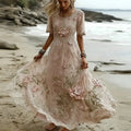 Women's Pink Rose Embroidered Casual And Elegant Dress