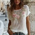 Women's Rose Floral Embroidered Casual Round-neck T-shirt