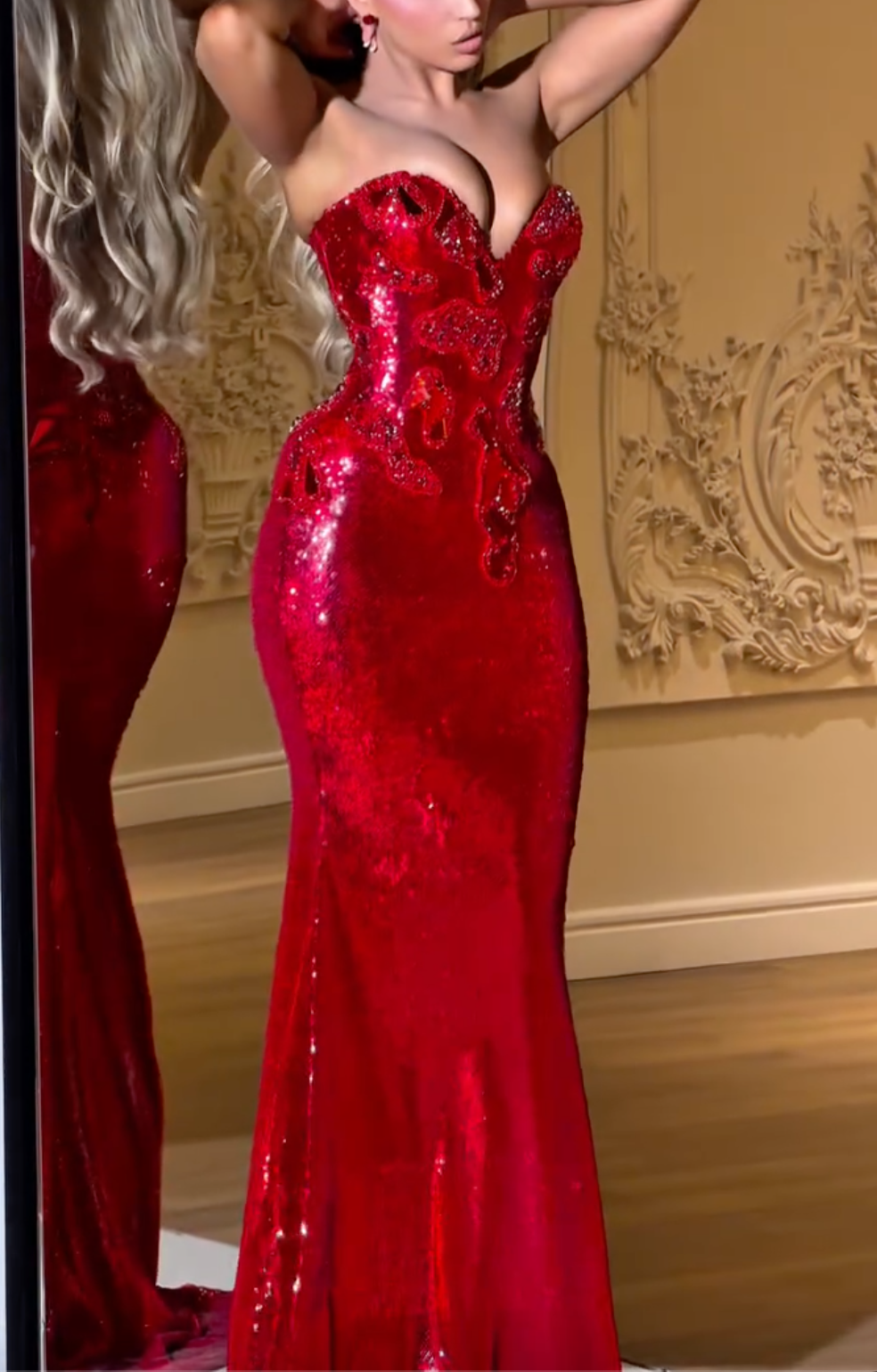 Red Strapless Crystal Beaded Sequin Mermaid Maxi Dress