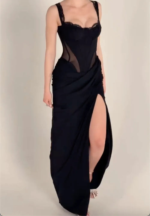 Black Lace Strap Corset Maxi Dress, Draped Satin High Slit Evening Gown