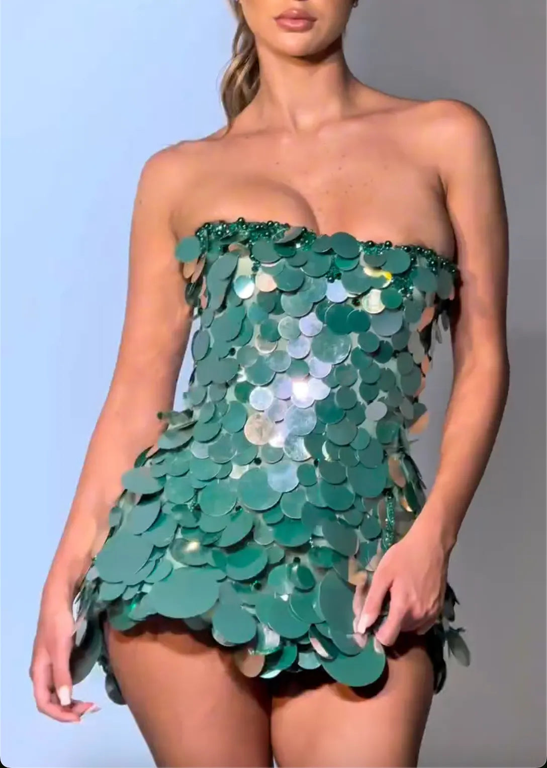 Emerald Green Disc Embellished Strapless Mini Dress