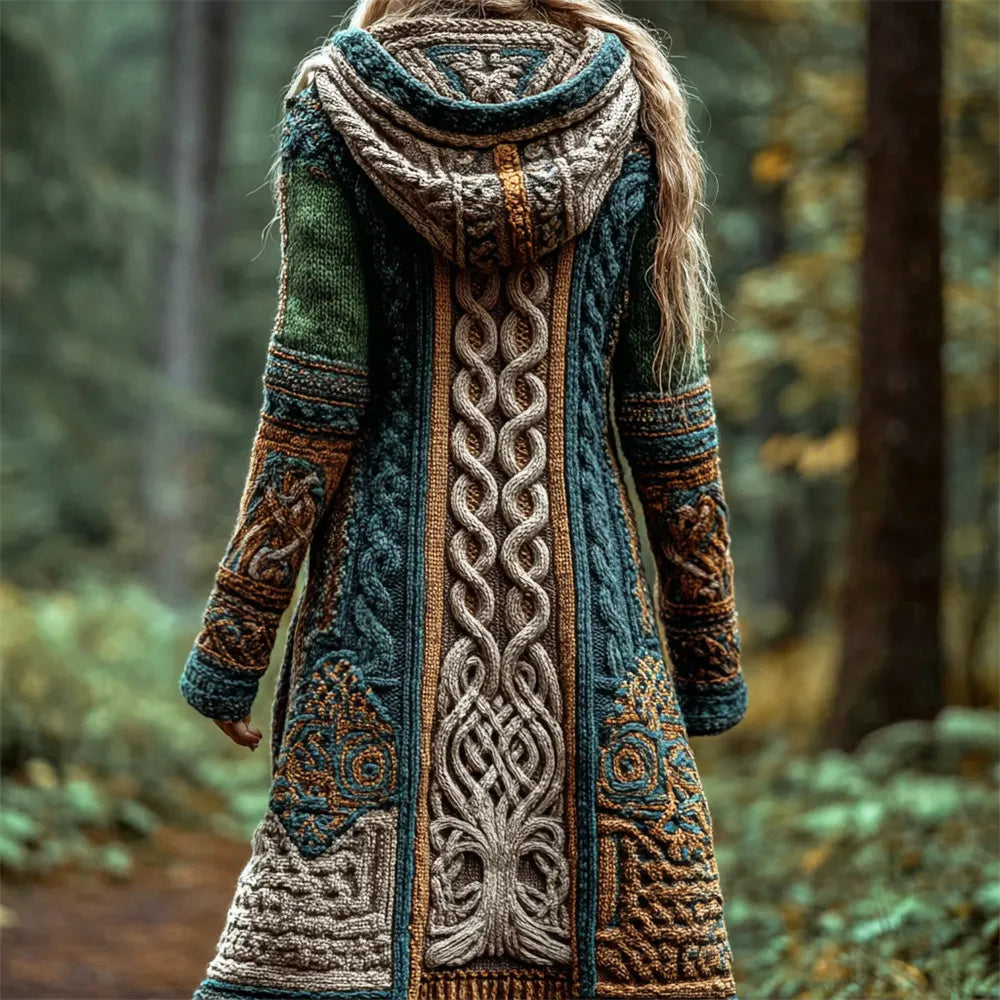 Viking Celtic Tree Vintage Women's Knit Hooded Long Cardigan