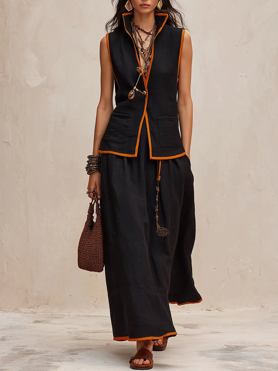 Western Chic Linen Stand-Collar Open-Front Black & Rust Maxi Skirt Set