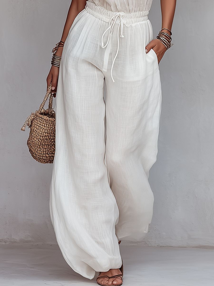 Lightweight White Drawstring Waist Wide-Leg Set