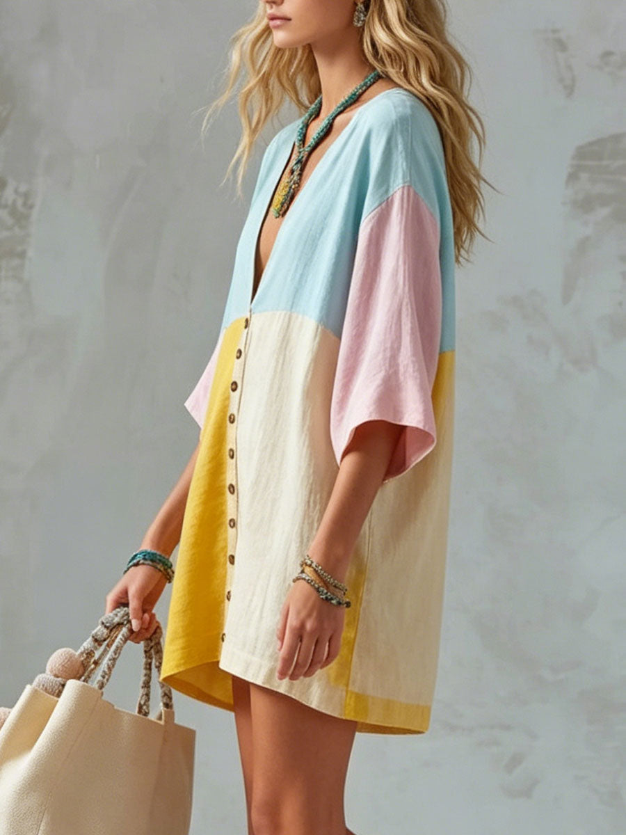 Women's Casual Loose-fit Color-block Cotton-linen Short-sleeve Mini Dress