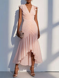 V-neck Solid Color Chiffon Maxi Dress