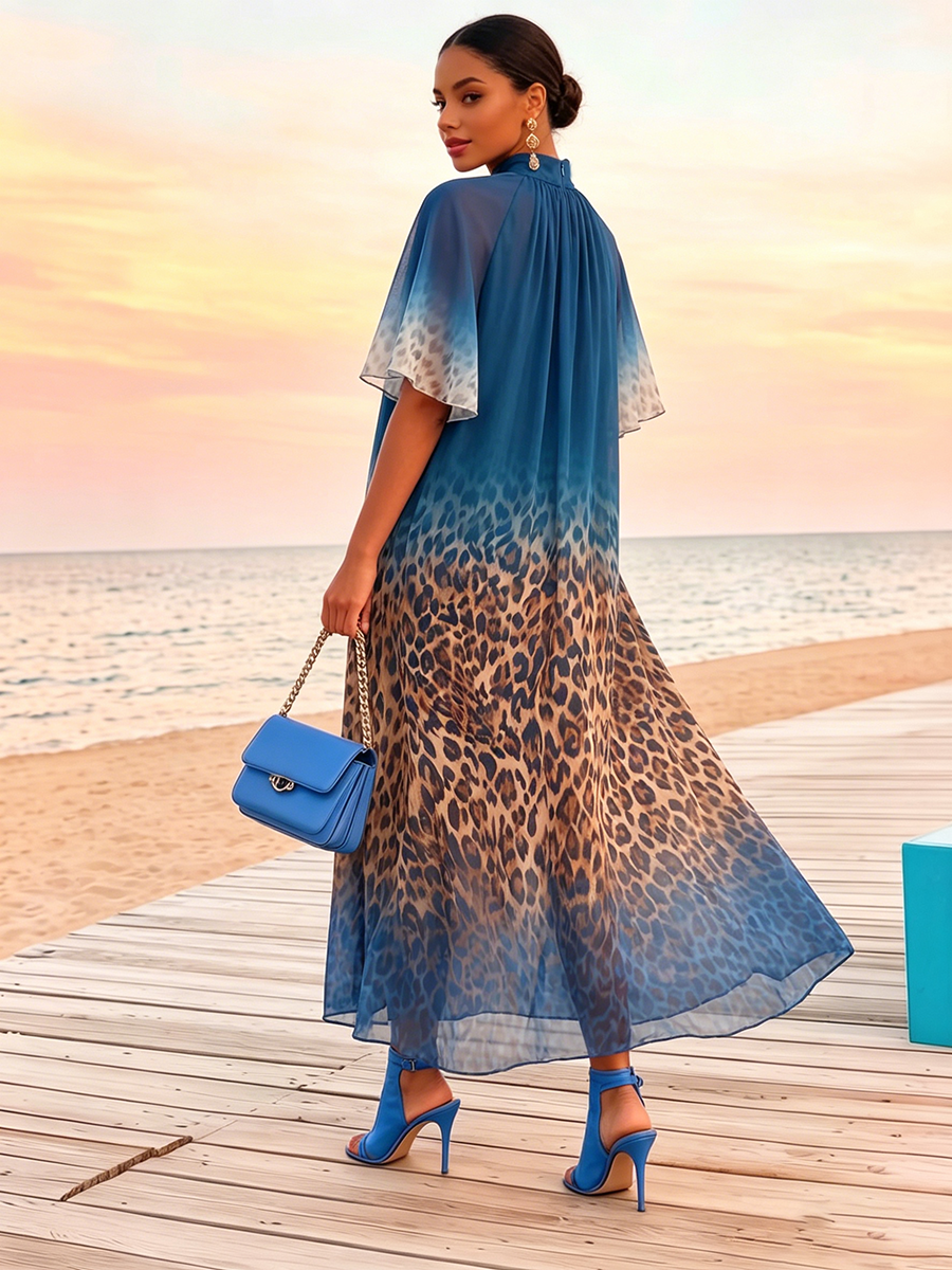 Sexy Blue Vacation Party Dress With Leopard Print