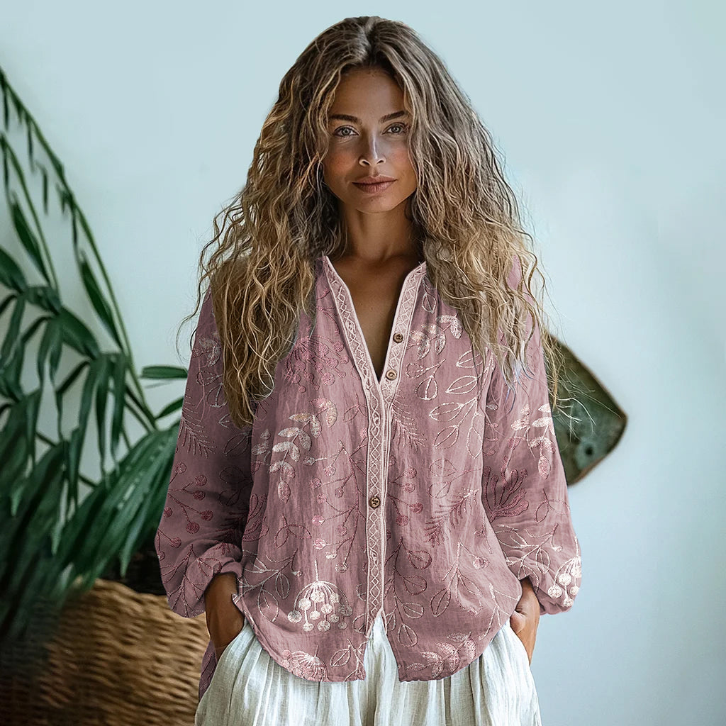 Bohemian Style Linen Floral Art Print Long Sleeve Shirt