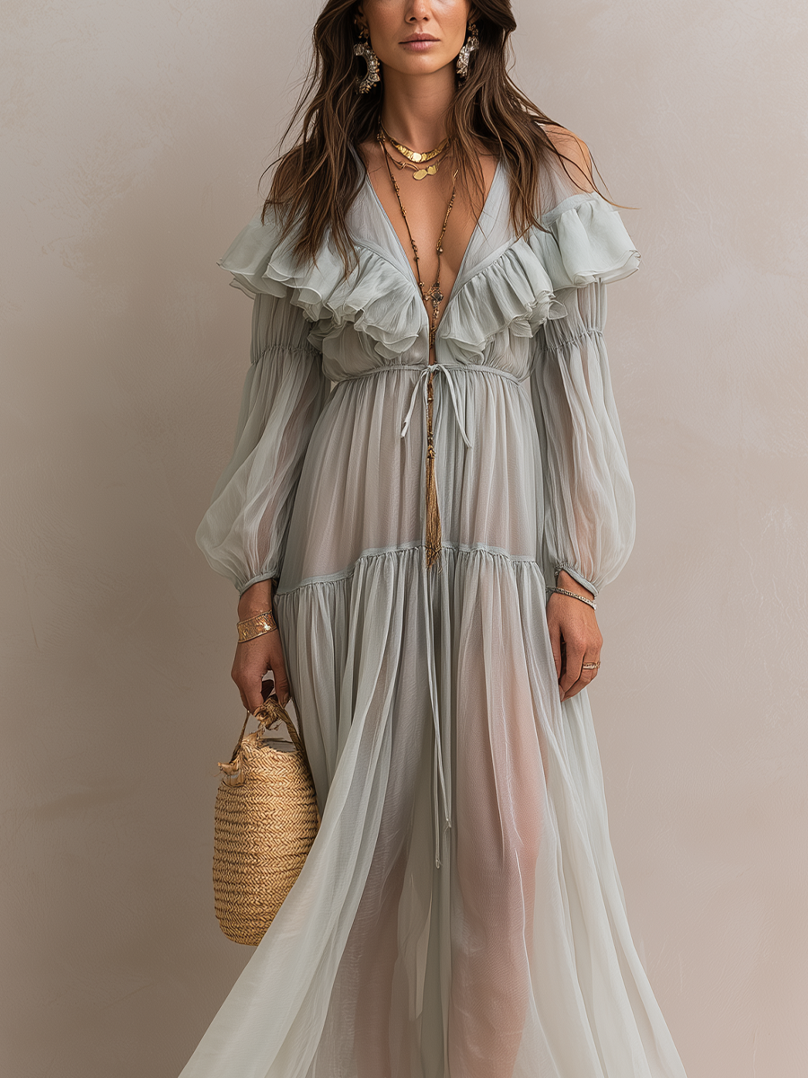 Romantic Sage Green Off-Shoulder Chiffon Maxi Dress