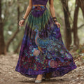 Retro Peacock Floral Gradient Art Linen Blend Midi Skirt