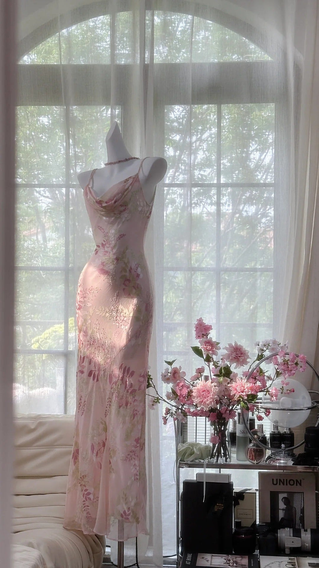 Pink Delicate Floral Long Chiffon Ball Gown Evening Dress Party Dress Birthday Dress Date Dress 4161