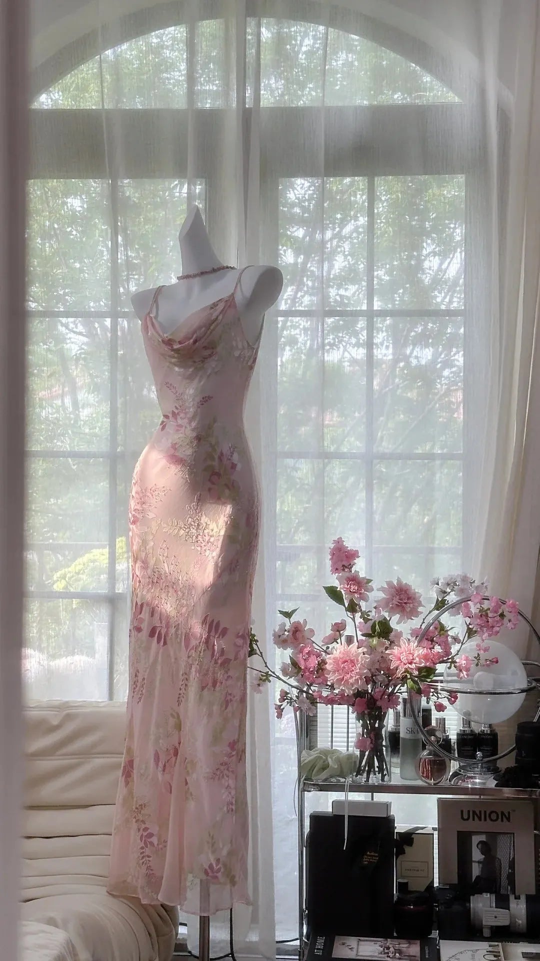 Pink Delicate Floral Long Chiffon Ball Gown Evening Dress Party Dress Birthday Dress Date Dress 4161
