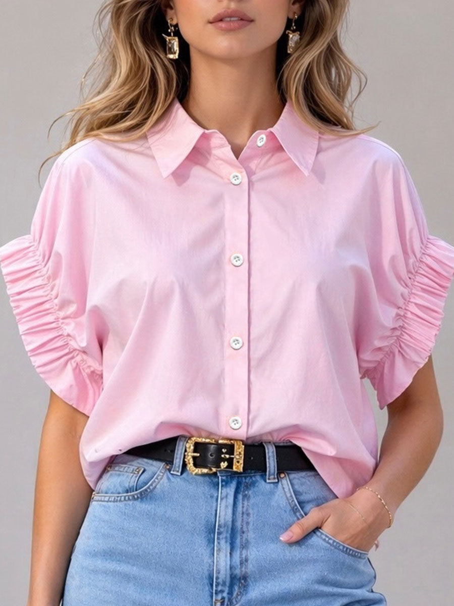 Women's Gathered Flutter-sleeve Loose-fit Collared Shirt