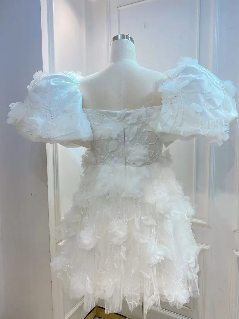 Custom short wedding dress for the bride. Beaded wedding dress with beautiful fabric. Puffy  sleeve short wedding dress.