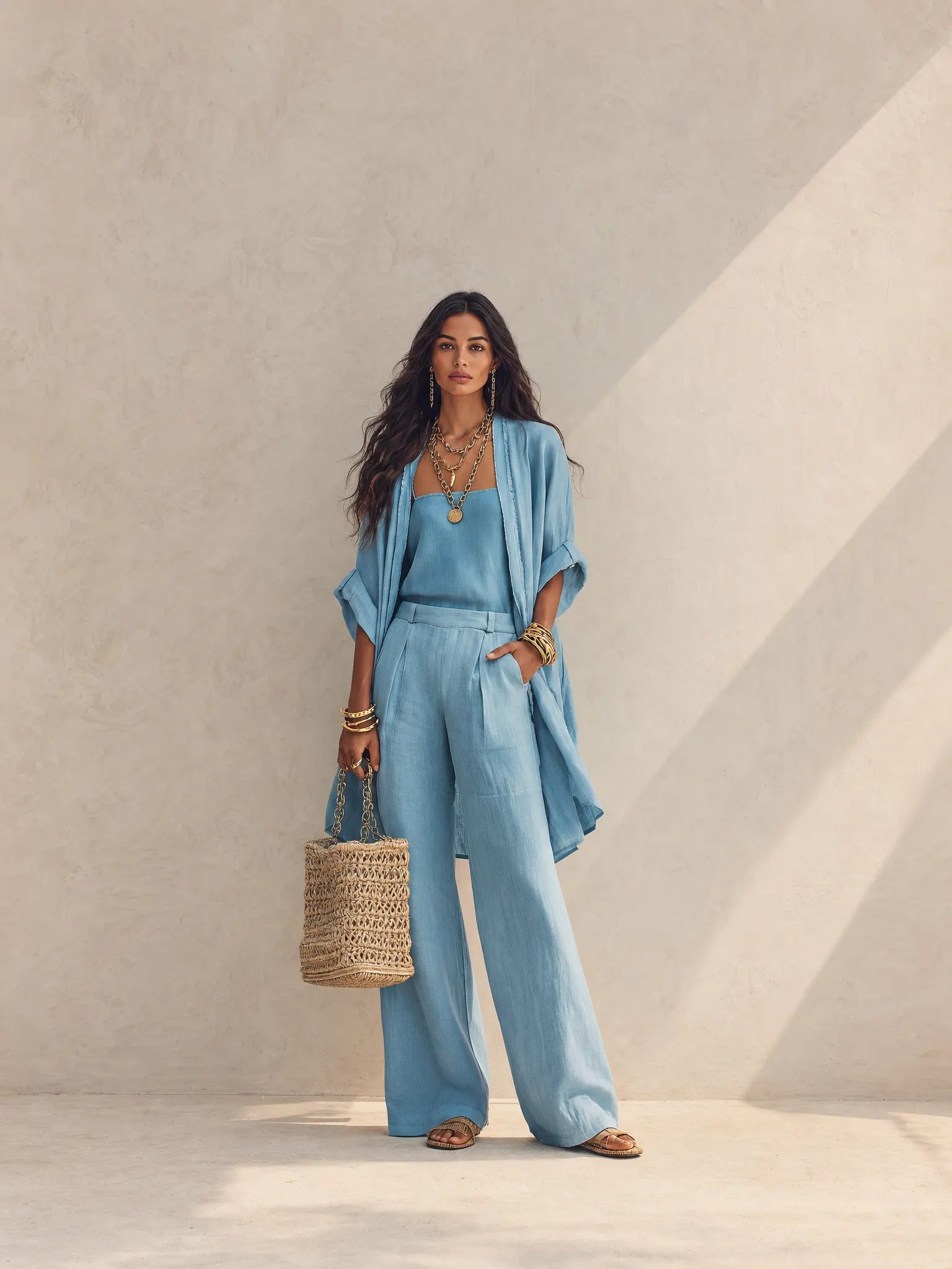 Women's 3-Piece Set Open Front Kimono Cardigan Cami Top Wide Leg Pants Casual Linen Look Outfit