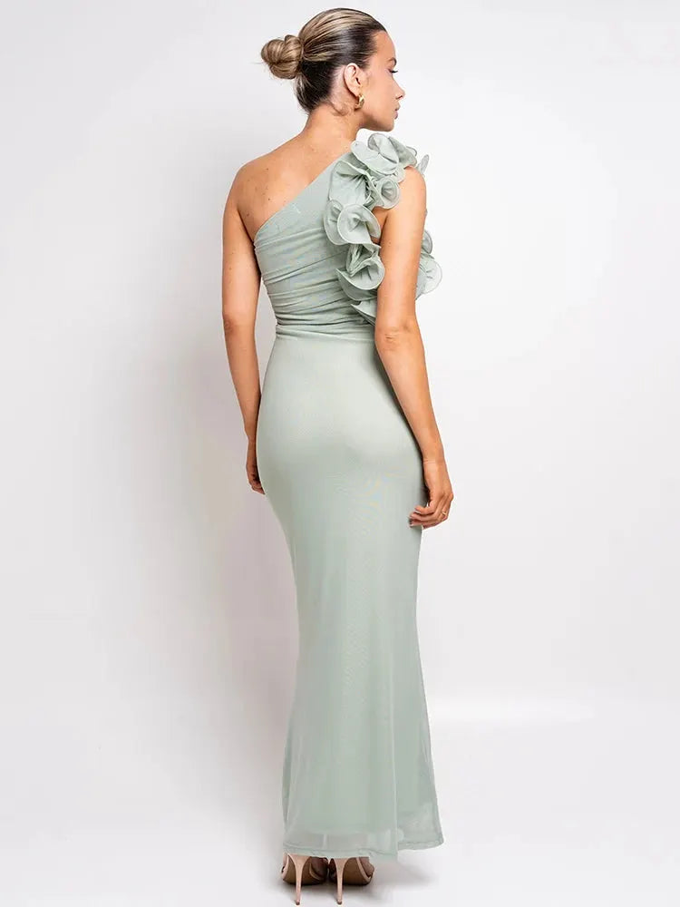 Delphina One Shoulder Ruched Maxi Dress with Floral Appliqué – Black or Green Wedding Guest Outfit