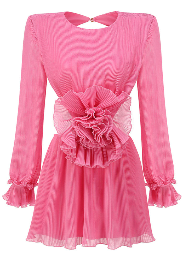 Long Sleeve Floral Detail Backless Dress Hot Pink