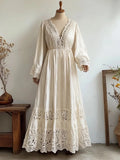 Vintage Hollow Floral Lace Patchwork Flowy Linen Maxi Dress