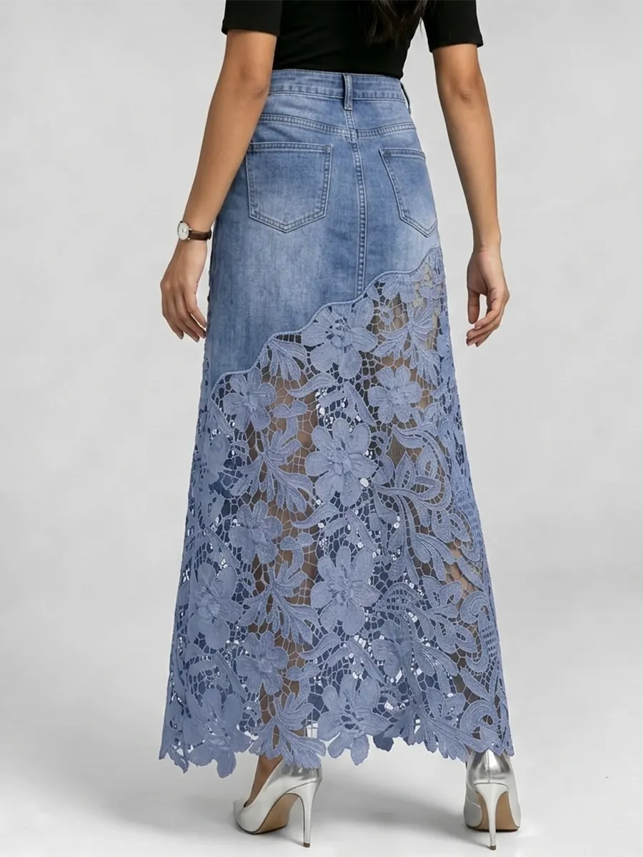 Elegant & Sexy Denim Skirt With Floral Lace Hem