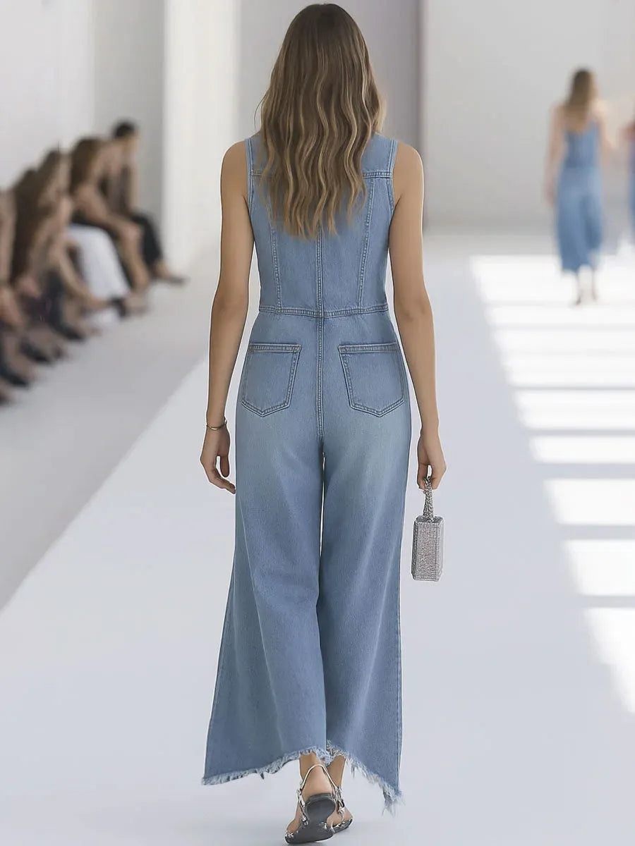 [24-hour shipping out]Western Retro Light Blue Denim Sleeveless Raw Edge Wide Leg Zipper Jumpsuit