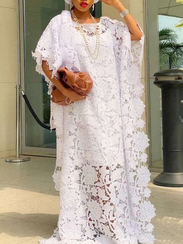 Round-Neck Half Sleeve Loose Lace-Up Simple See-Through Maxi Dress