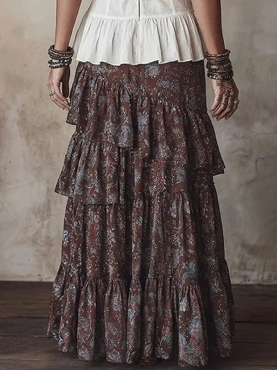 Women's Vintage Printed Ruffle Hem Skirt