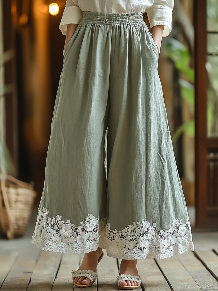 Retro Boho Floral Lace Embroidery Art Cotton Linen Wide Leg Pants